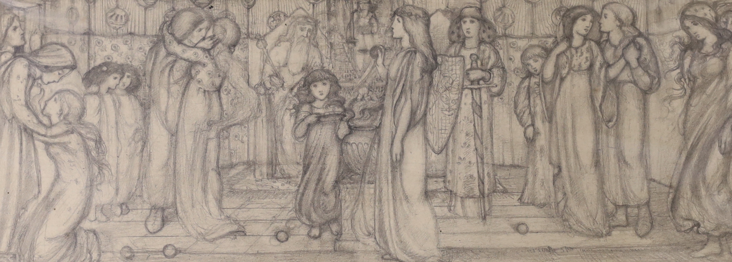 Louis B. Davis (Illustrator, 1861-1941), Pre-Raphaelite style pencil sketch, 'Festival', 10 x 27cm, mounted, unframed